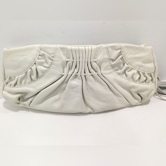 WHBM Soft Leather Clutch Cream Bag Purse Ruffle Zip Closure Inside Pockets Party - Picture 6 of 11